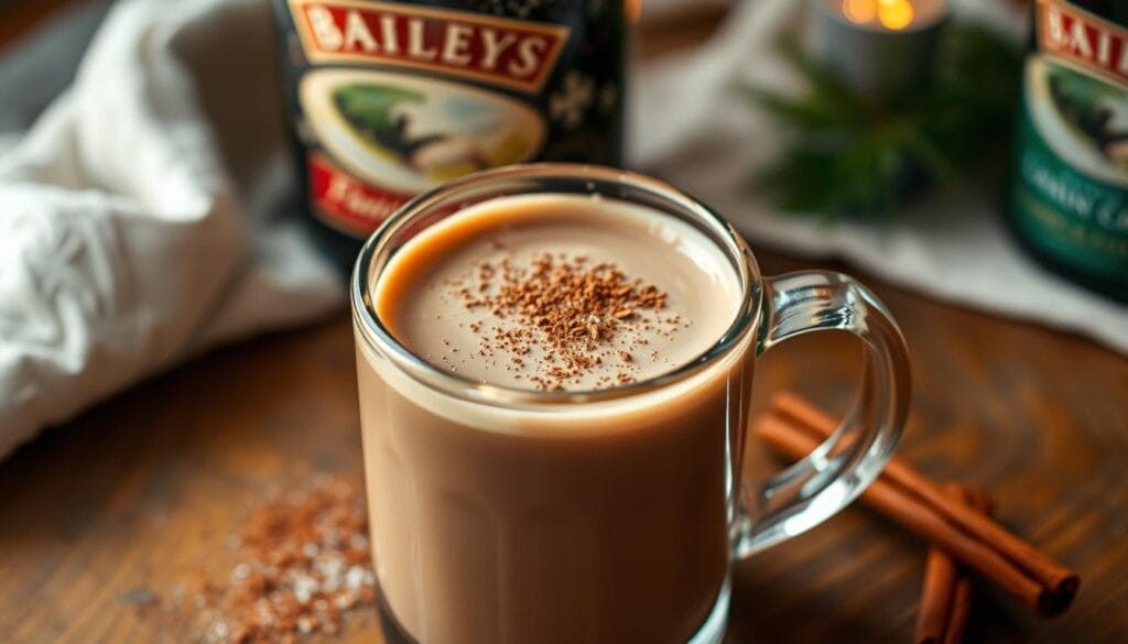 Creamy Baileys Irish Cream hot chocolate, steaming in a clear glass mug, nestled on a rustic wooden surface. The rich, velvety chocolate hue is accentuated by the subtle shimmer of the cream, creating a cozy and inviting atmosphere. Wispy tendrils of steam rise from the mug, hinting at the warmth and comforting aroma of the beverage. Soft, diffused lighting casts a warm glow, highlighting the mug's delicate details and the smooth, indulgent texture of the drink. A sprinkling of cocoa powder or a cinnamon stick adds a touch of elegance, elevating the visual appeal of this indulgent, winter-inspired treat.